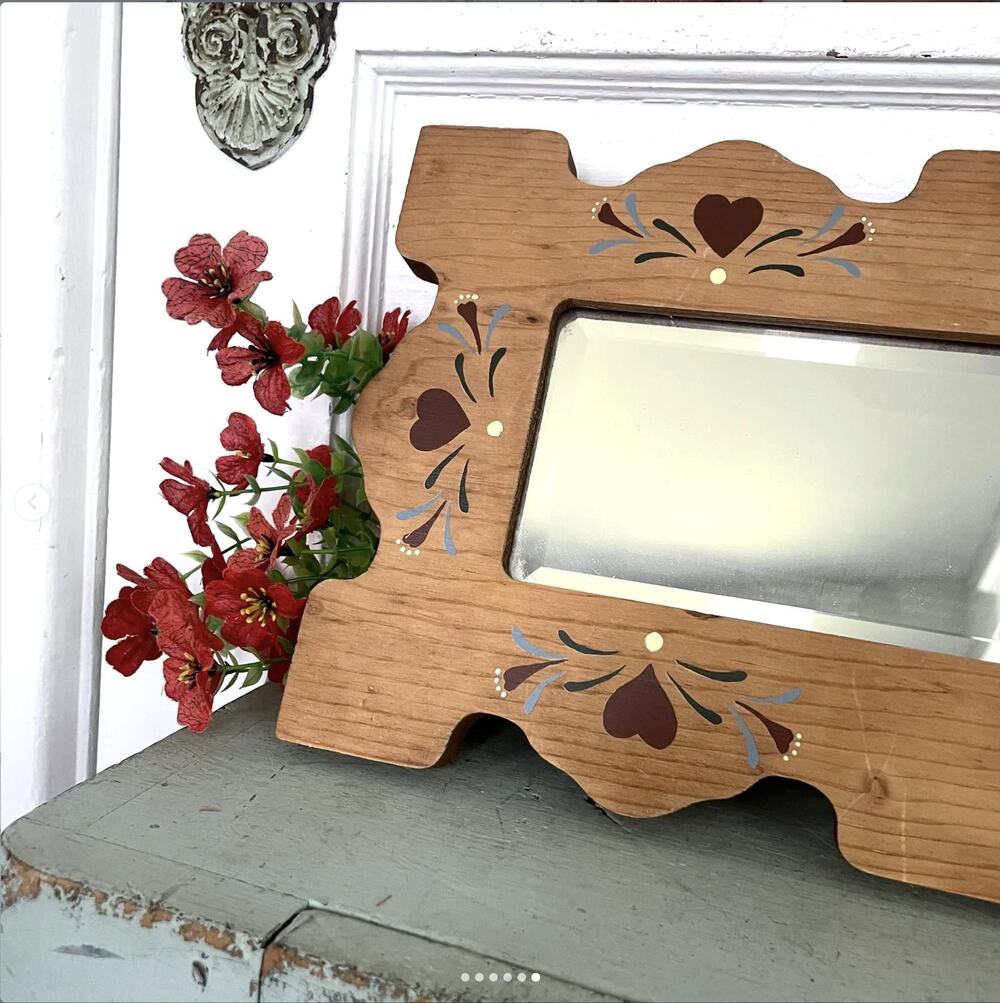 Vintage Wood Framed Beveled Folk Art Mirror Painted Stencil Hearts Cottage Core